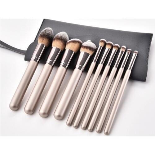 10Pcs/set Makeup Brushes Set With Leather Bag Wooden Handle Champaign Gold For Eyeshadow Blush Brushes Cosmetic Tools Kits