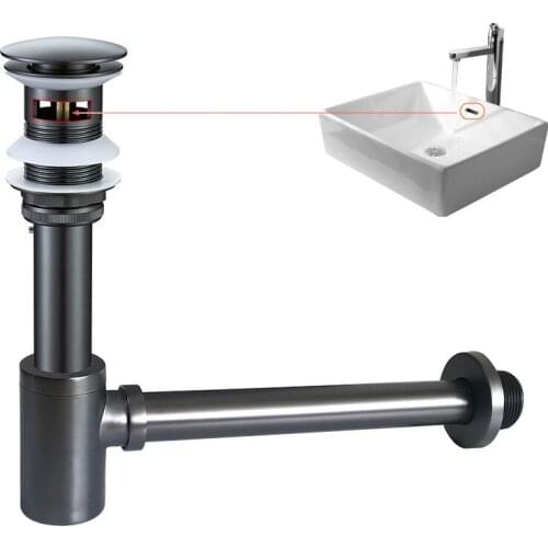 Gun Grey Copper Drains Set Brass Round Siphon P-TRAP Deodorization Bathroom Vanity Basin Pipe Waste With Pop Up Drainer