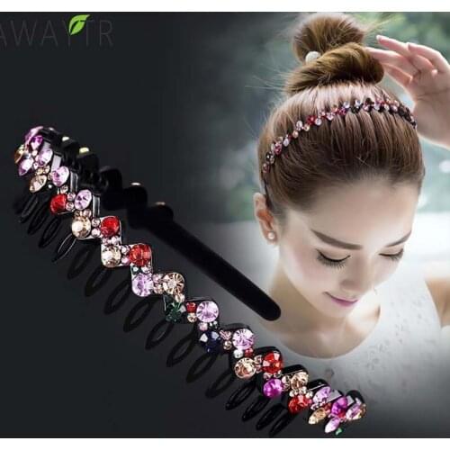 AWAYTR Hairbands Non-slip Bezel Colorful Rhinestone Flower Water Ripple Hair Hoop Headband for Women Hair Band Hair Accessories