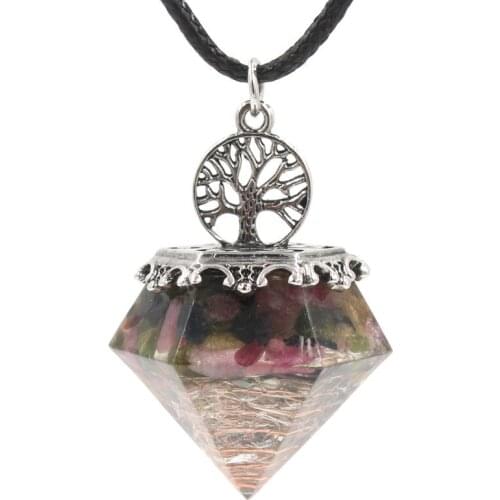 Resin crushed stone crystal tree of life pendant necklace women iced out pendant luxury jewelry crystal necklace chakra pendant