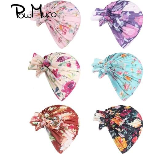 Powmuco 1 PCS Vintage Flowers Pattern Bowknot Newborn Indian Hats Fashion Handmade Knotted Baby Cap Cute Print Headwear 6 Colors