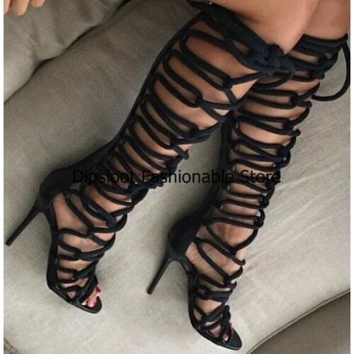 Hot Woman White Black Beige Gladiator Rope Sandals Boots Open Toe Cross-tied Knee High Boots Beach High Heel Shoes Woman Botas