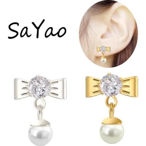 2Piece Stainless Steel Stud Earring 0.8mm Zircon Stone Earrings Tragus Ear Piercing Cute Love Pearl Bowknot Earrings Women Gift