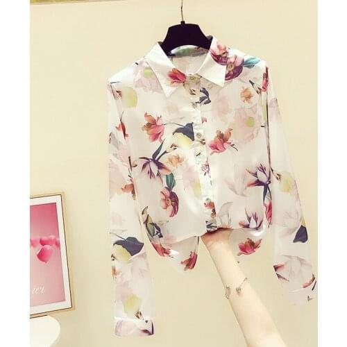 Chiffon Floral Women Shirts Summer New Sweet Style Elegant Office Lady Silk Outwear Coats Tops