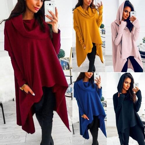 New Arrival Women Hooded Sweater Solid Color Long Sleeves Irregular Casual Sweater