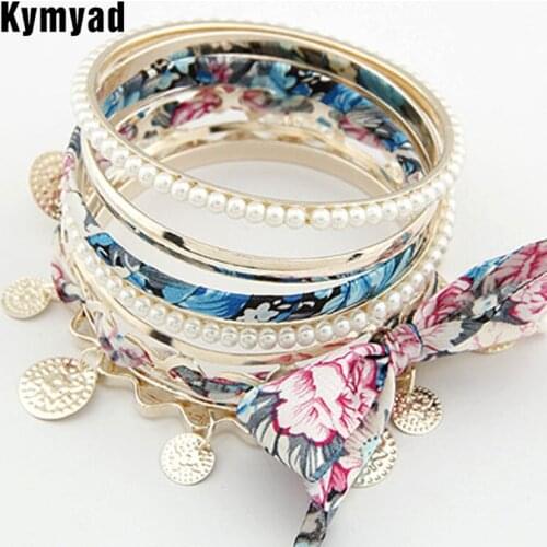 Kymyad Fabric Bracelets & Bangles For Women Multilayer Gold Color Bangle Sets Bijoux Femme Butterfly Bow Charm Bracelet Sets