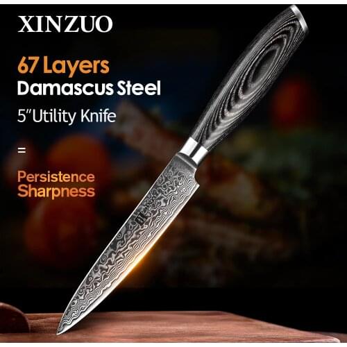 XINZUO 5" in Utility Knife 67 Layers Japan Damascus Steel Kitchen Knives Pakkawood Handle Ultra Sharp Multi-purpose Cutter Knife