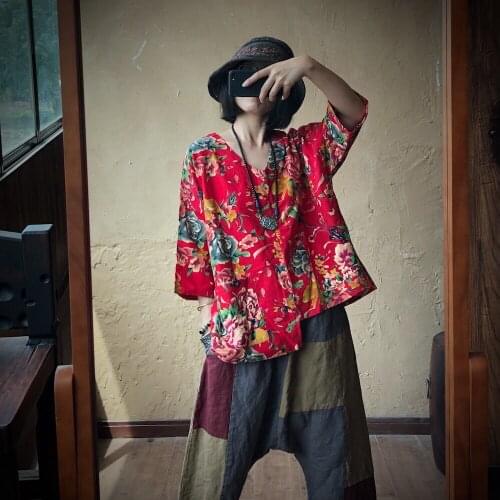 Women Loose Printed V Neck Irregular Length Blouse Tops Ladies Vintage Print Cotton Linen Tops Shirt Female 2020 Blouses