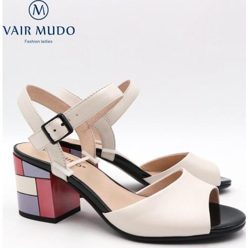 VAIR MUDO 2020 New Fashion Women Sandals Thick Heels Genuine Leather Fish mouth Handmade Pink White colour Lady Shoes LX35