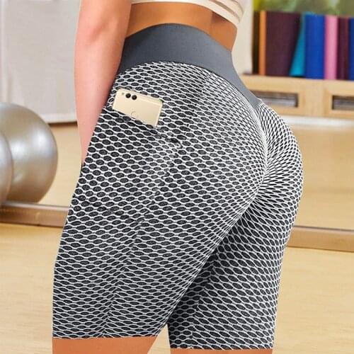 Women Gym Shorts High Waist Trainning Push Up Tight Sports Shorts Leggings with Pocket Jogging Running Fitness Yoga Shorts Pants