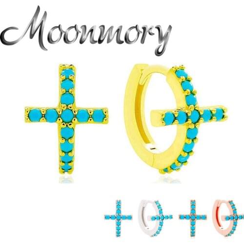 Moonmory 925 Sterling Silver Charm Full Turquoise Cross Hoop Huggies Earrings For Women Party Green Stone Circle Earring Jewelry
