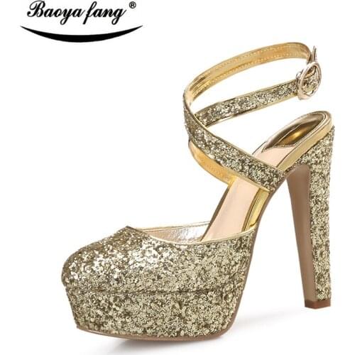 BaoYaFang Brand Blingbacks Bling Womens 12cm high heel platform shoes female fashion thick heel Pump gold/silver/red ladies shoe
