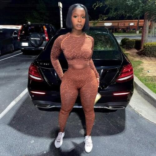 Two Piece Set Women 2021 Autumn Printed Long Sleeve Crop Tops Shirts + Skinny Pants Leggings Casual Club 2Pcs Pant Set Tracksuit