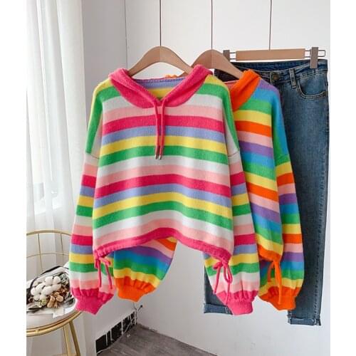 2021 Autumn and Winter Pullover Color Sweater Sweater Women Rainbow Stripes Loose Hooded College Style Short Knit Sweater Top