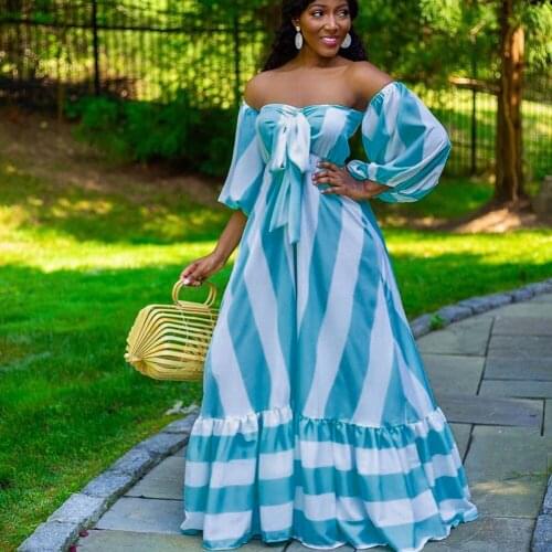 Sexy Off Shoulder Strapless Big Swing Maxi Dress Women Striped Lantern Sleeve Autumn Dresses Bow Tie Celebrity Party Long Dress