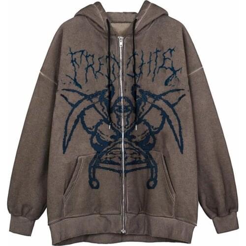 90s retro street Y2K brown hoodies womens loose street sports zipper cardigan jacket autumn and winter trend autumn 2021