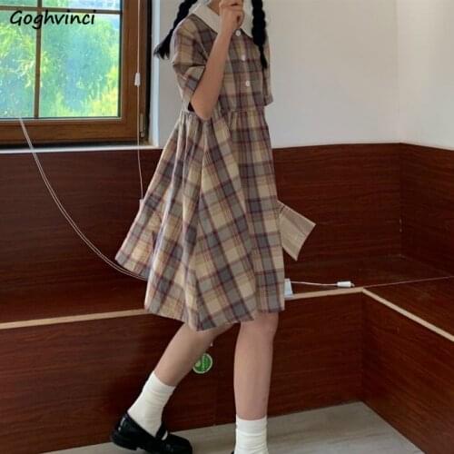 Short Sleeve Dress Women Plaid Peter Pan Collar Leisure Button Girls Loose Sweet Preppy Style Kawaii All-match Retro Elegant New