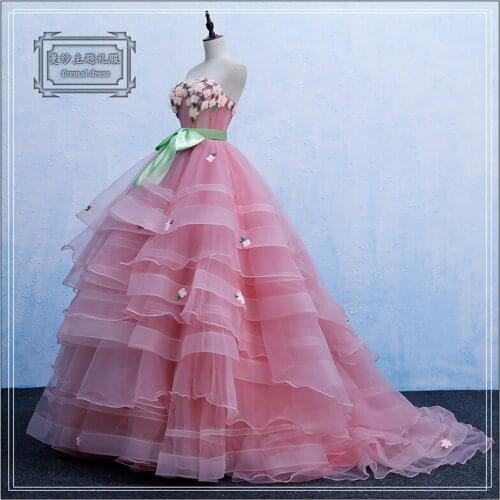 100%real pink full cake ruffled vintage ball gown fairy cosplay medieval dress Renaissance Gown queen cosplay Victoria dress