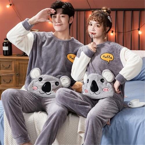 2021 Coral Fleece Pajamas Set Couple Cartoon Pyjamas Men Women Long Sleeve Panda Lovely Girls Sleepwear Top+Pant Warm Home Suit