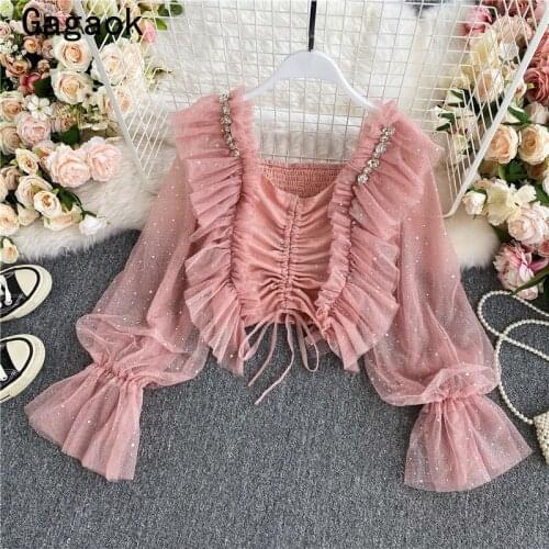 Gagaok Chiffon Blouse Women 2021 Spring Autumn New Solid Sweet V-Neck Puff Sleeve Ruffles Short Shirts Slim Chic Fashion Blouses