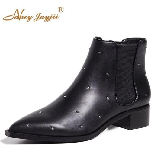 Female shoes Adult Patent Leather Lady Chelsea Boots Black Rivet Ankle Slip-On Pointed Toe Med Square heels Spring/Autumn 2021