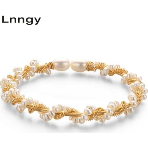 Lnngy 14K Gold Filled Bracelet 6-6.5mm Natural Cultured Freshwater Gold-Plated Pearl Twisted Bracelet Bangle Women Jewelry Gifts