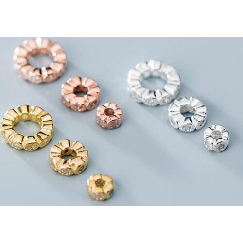 925 Sterling Silver AAA Zircon Flower Spacer Beads 4mm 6mm 8mm Plated Gold Color Loose Silver Beads DIY Fine Jewelry Findings