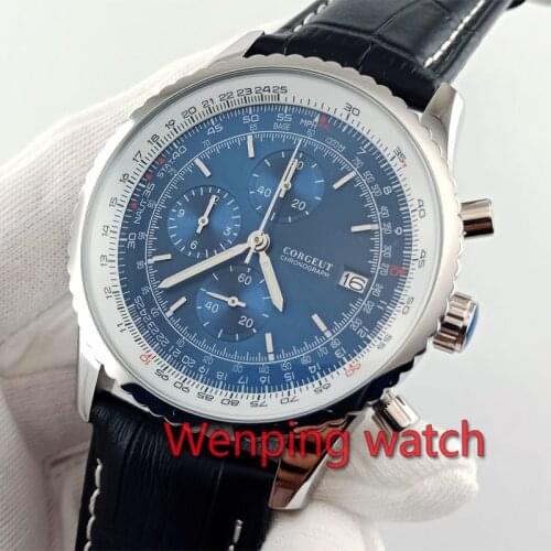 Chronograph watch 46.5mm blue dial black leather strap polisher silver steel case Quartz Movement VK67 W2869