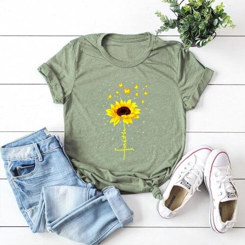 Butterfly Women T Shirt Harajuku Sunflower Graphic Basic Top Casual Short Sleeve Oversized Cotton Tees Faith Letter Print Tshirt