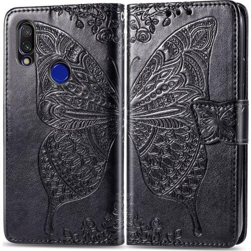 Cute Butterfly Case for Xiaomi Redmi 7 (6.26in) Cover Flip Leather Stand Card Wallet Book Black Red Mi Redmi7 M1810F6 M1810F6LG