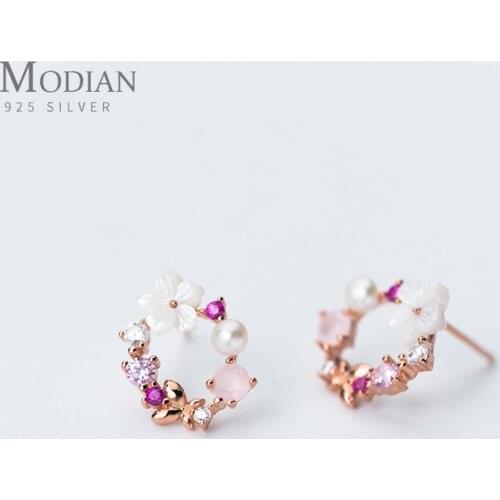 Modian Original Brand Round Pink Flower Zircon Stud Earrings Fashion Charm Genuine 925 Sterling Silver Fine Jewelry Korean Gift