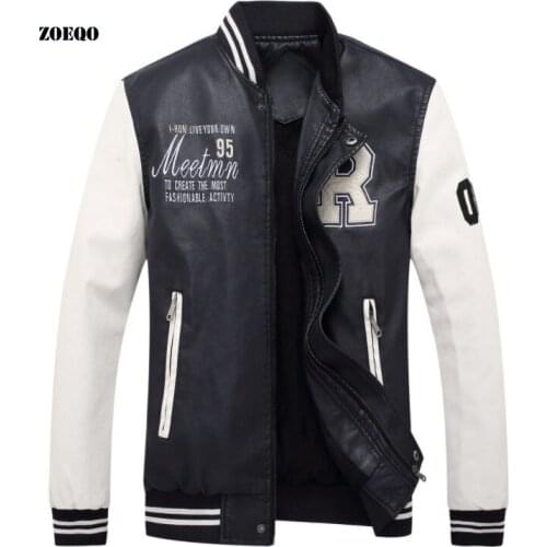 ZOEQO Baseball Leather Jacket New Embroidery College Men Black Pu Leather Jacket Jaqueta Couro Mens Leather Jacket and coat