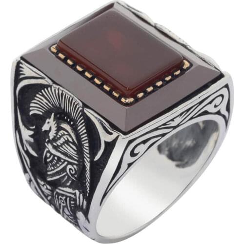 925 Sterling Silver Warrior Figured Rectangle Burgundy Agate Stone Mens Ring Exclusive Ring for Men Gemstone Ring