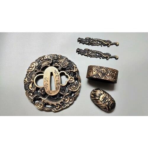 A Set Brass Make Guard Dragon Tsuba Menuki Fuchi Kashira For Japanese Samurai Sword Katana Wakizashi Tanto Katana