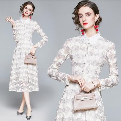 New Spring and Autumn Womens Clothing Elegant Graceful Slim-Fit Lapel Single Breasted Long-Sleeved Hollow Lace Dress