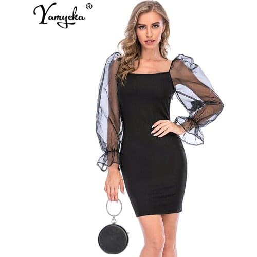 Sexy Puff Long Sleeve woman office summer dress women black Mesh vintage bodycon club party dress elegant wrap dresses vestidos