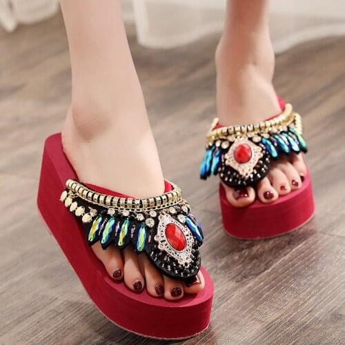 Casual All-Match Slippers Women Summer Fashion Super High Heel Non-Slip Flip-Flops Korean Ethnic Style Handmade Beach Shoes