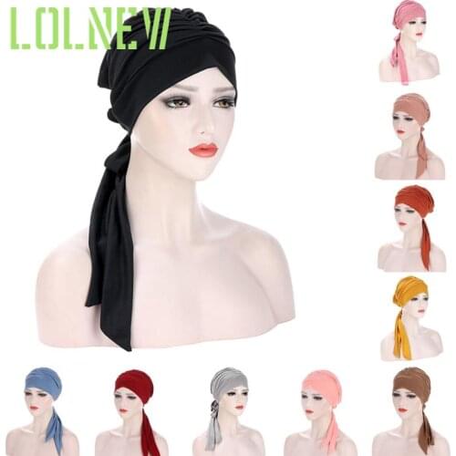 Muslim Women Stretch Solid Wrinkle Turban Hat Cancer Beanies Caps Pre-Tied Scarf Headwear Headwrap Plated Hair Accessories