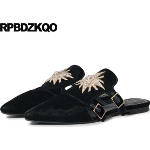 Sandals Rhinestone Mules Pointed Toe Crystal Latest Women Ladies Beautiful Flats Shoes Metal Slippers China Slides Chinese Black
