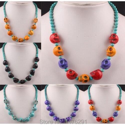 Chic Mix-Color Howlite Stone Gem Skull Bead Necklace 18"L
