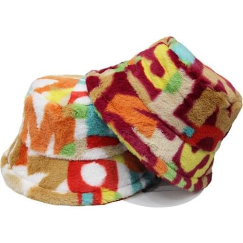 2021 Women winter hat New Outdoor Multicolor Rainbow Faux Fur Letter Pattern Bucket Hats Soft Warm Gorros Mujer
