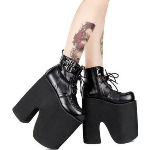 Women Lolita Punk Gothic Chunky 20cm High Heels Lace Up Ankle Boots Cosplay Shoes Creepers Japanese Harajuku Plus Size New 2021