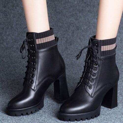 Rimocy Pointed Toe High Heels Ankle Boots for Women Patchwork Knitted Lace Up Botas Mujer Autumn Winter Platform Booties Woman