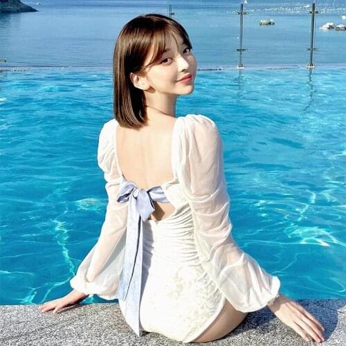 Womens Long Puff Sleeve 2021 New Korean Style Swimsuit One Piece Solid Square-Cut Collar Back Bow Ladys Summer Swimming Suit