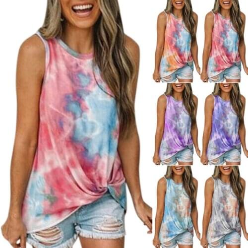 Women Crew Neck Tie-dye Vest T-Shirt Travel Sleeveless Shirts Tank Top Blouse