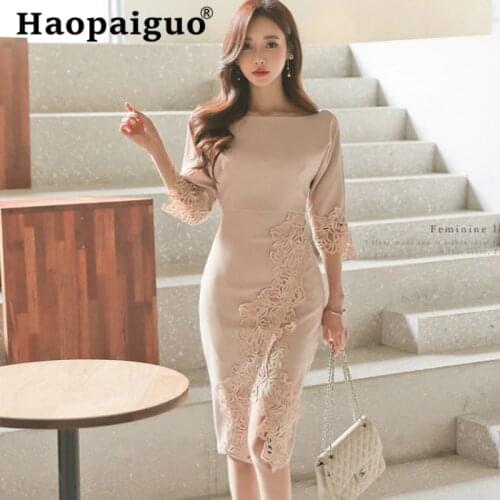 Autumn Winter Lace Patchwork Women Dress Plus Size Sheath Korean Midi Wrap Dress Women Solid Vestido Mujer Women Clothes 2019