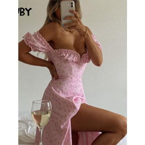 SRUBY Pink Floral Midi Dress Women Sexy Off Shoulder Ruffles Long Dresses Summer Strapless Side Split Print Dress Beach Dress