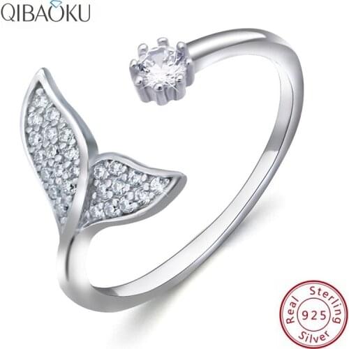 925 Sterling Silver Open Ring for Women Jewelry Ocean Mermaid Anillos Zircon Pearls Rings Korean Adjustable Jewelry