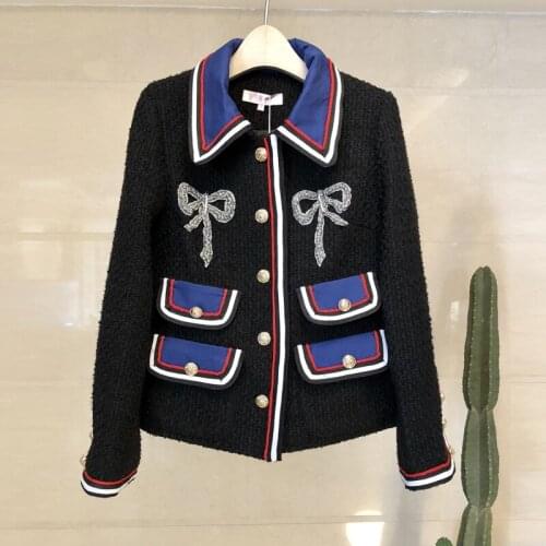 2019 Autumn Winter Women Elegant Woolen Tweed Coats Female Beading Bow Striped Patchwork Single Breasted Jackets Y198