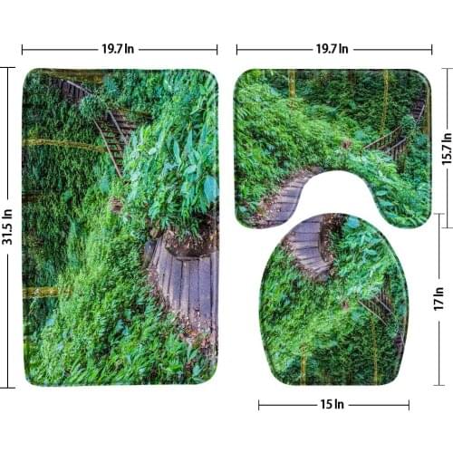 Forest Boardwalk 3 Pcs Bath Mats Bathroom Rug Sets Non Slip Natural Landscape Green Plants Bath Decor Toilet Cover U-Shaped Pad